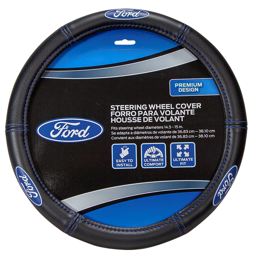 Plasticolor Steering Wheel Cover, For 14-1/2 to 15 Inch Wheels, Ford Oval Logo with Blue Contrast Stitching, Black, Leather – 006692R01