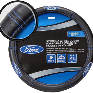 Plasticolor Steering Wheel Cover, For 14-1/2 to 15 Inch Wheels, Ford Oval Logo with Blue Contrast Stitching, Black, Leather – 006692R01