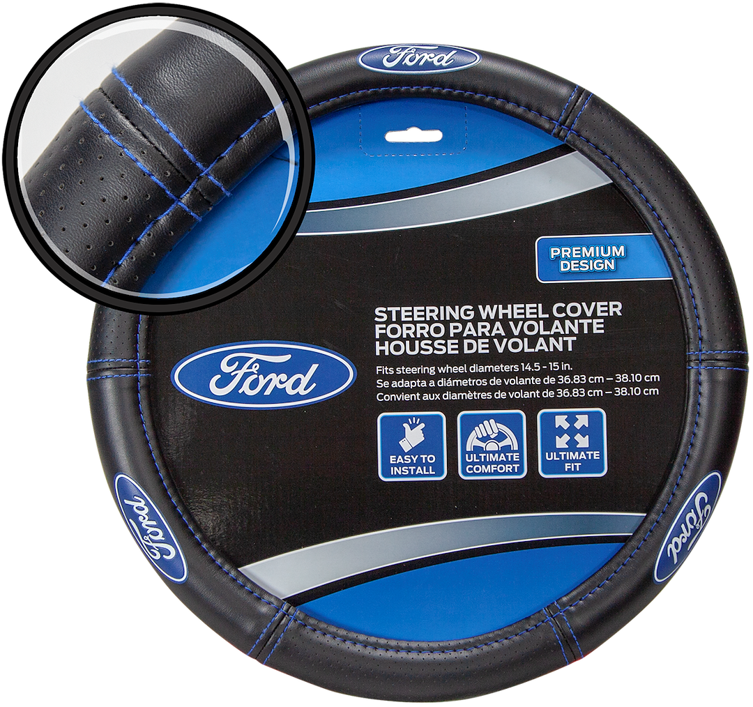 Plasticolor Steering Wheel Cover, For 14-1/2 to 15 Inch Wheels, Ford Oval Logo with Blue Contrast Stitching, Black, Leather – 006692R01