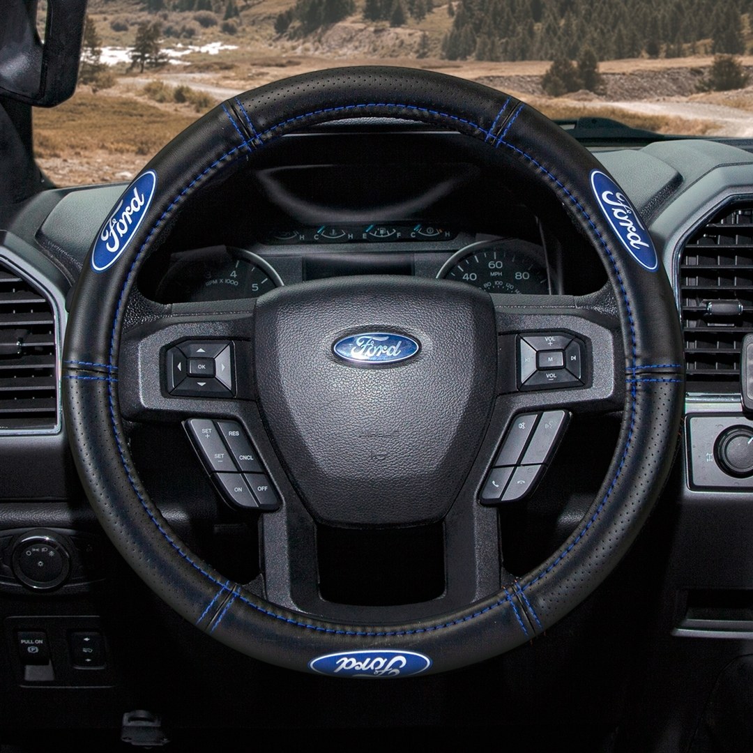 Plasticolor Steering Wheel Cover, For 14-1/2 to 15 Inch Wheels, Ford Oval Logo with Blue Contrast Stitching, Black, Leather – 006692R01