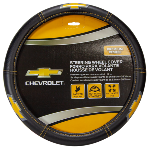 Plasticolor Steering Wheel Cover, For 14-1/2 to 15 Inch Wheels, Chevrolet Bowtie Logo, Black with Yellow Contrast Stitching, Single – 006693R01
