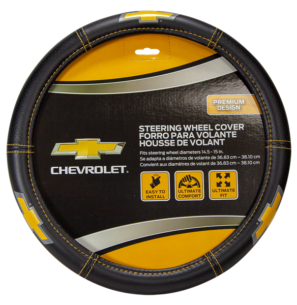Plasticolor Steering Wheel Cover, For 14-1/2 to 15 Inch Wheels, Chevrolet Bowtie Logo, Black with Yellow Contrast Stitching, Single – 006693R01