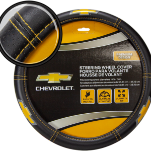 Plasticolor Steering Wheel Cover, For 14-1/2 to 15 Inch Wheels, Chevrolet Bowtie Logo, Black with Yellow Contrast Stitching, Single – 006693R01