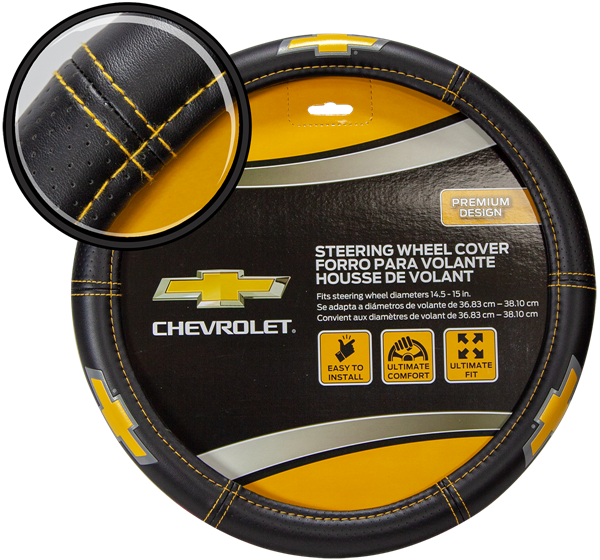 Plasticolor Steering Wheel Cover, For 14-1/2 to 15 Inch Wheels, Chevrolet Bowtie Logo, Black with Yellow Contrast Stitching, Single – 006693R01