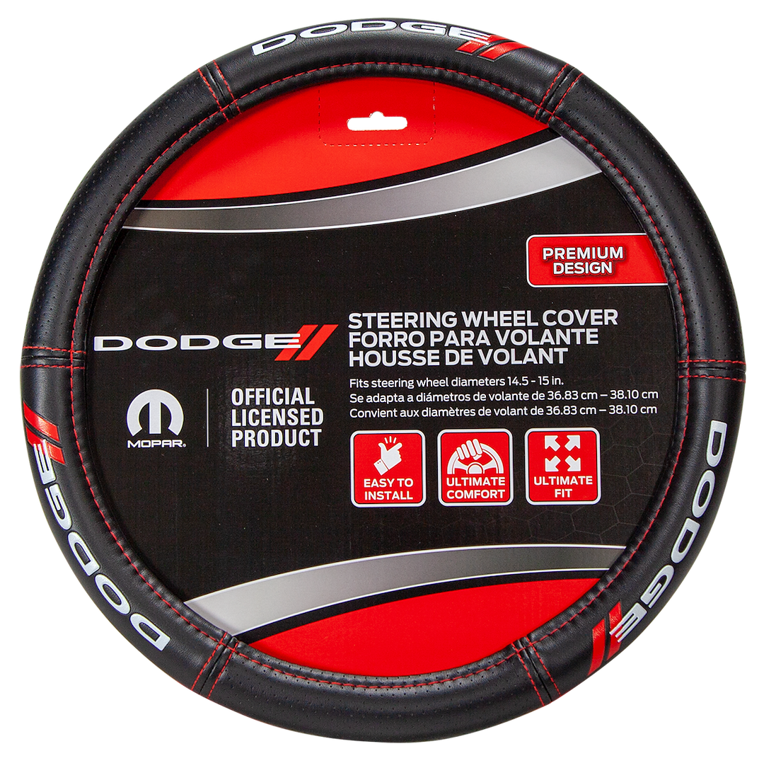 Plasticolor Steering Wheel Cover, For 14-1/2 to 15-1/2 Inch Wheels, Dodge Logo, Black, Rubber – 006694R01