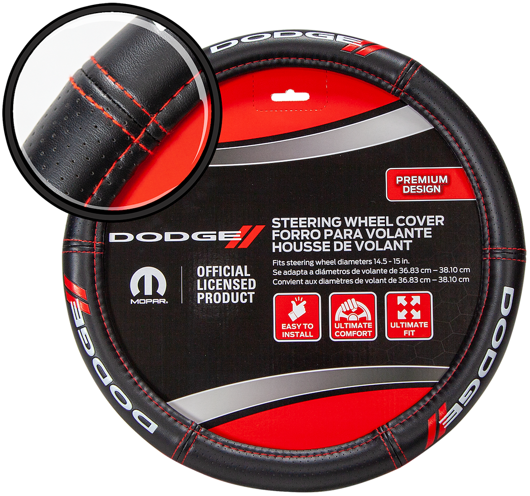 Plasticolor Steering Wheel Cover, For 14-1/2 to 15-1/2 Inch Wheels, Dodge Logo, Black, Rubber – 006694R01