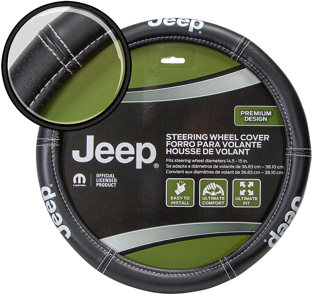 Plasticolor Steering Wheel Cover, For 14.5 to 15.5 Inch Wheels, Deluxe Jeep Logo, Black, Vinyl – 006695R01