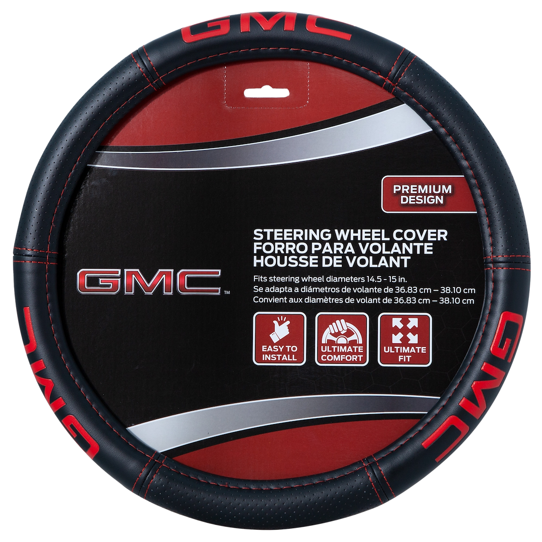Plasticolor Steering Wheel Cover, Deluxe, For 14-1/2 to 15 Inch Wheels, Iconic Gmc Logo and Red Contrast Stitching, Black, Leather – 006708R01