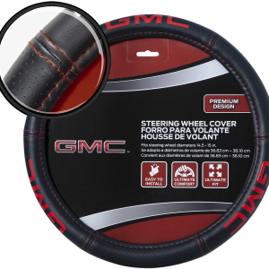 Plasticolor Steering Wheel Cover, Deluxe, For 14-1/2 to 15 Inch Wheels, Iconic Gmc Logo and Red Contrast Stitching, Black, Leather – 006708R01