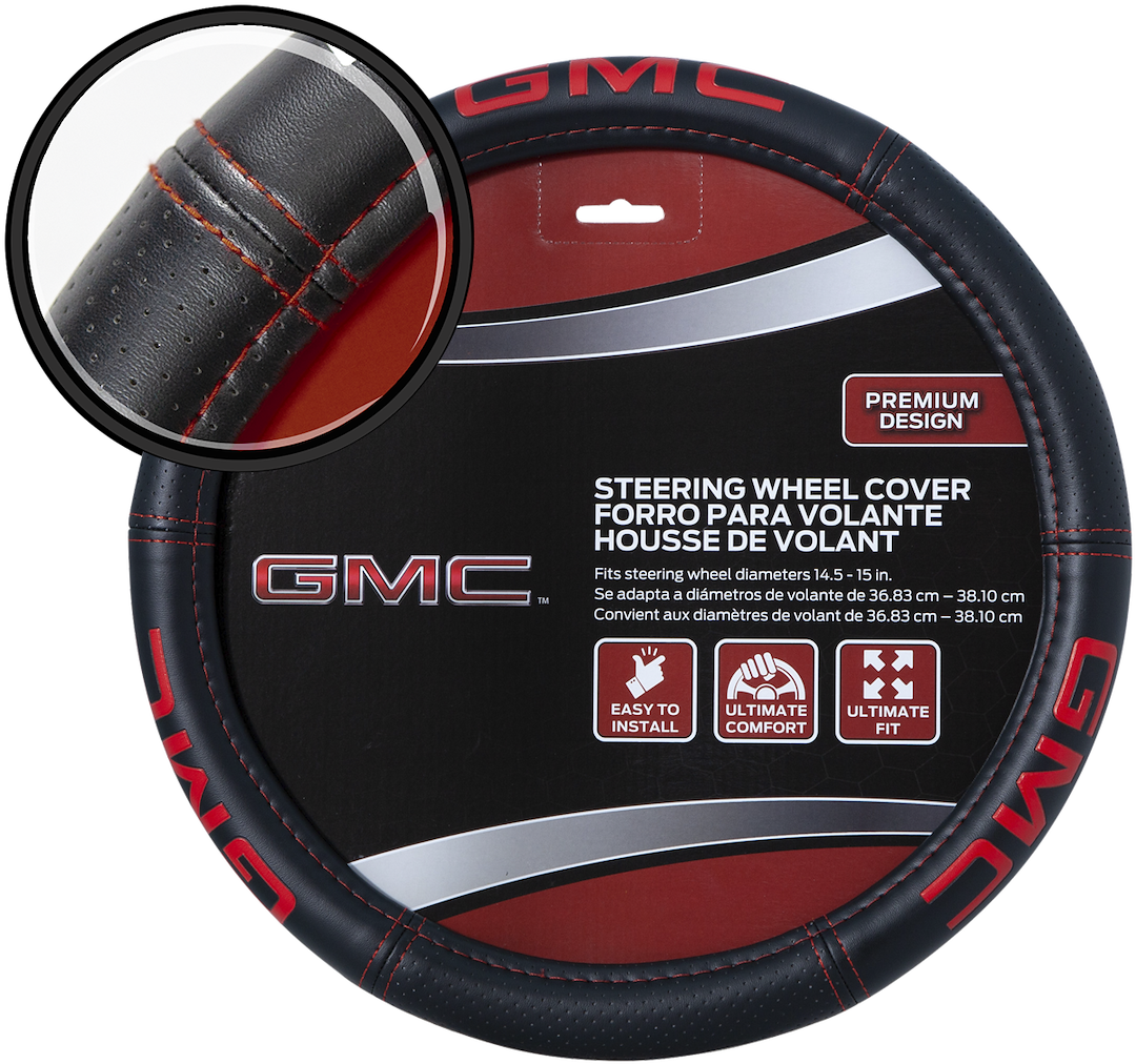 Plasticolor Steering Wheel Cover, Deluxe, For 14-1/2 to 15 Inch Wheels, Iconic Gmc Logo and Red Contrast Stitching, Black, Leather – 006708R01