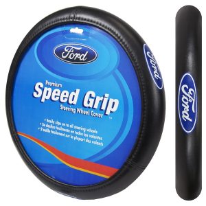 Plasticolor Steering Wheel Cover, Elite Series, For 14-1/2 to 15-1/2 Inch Wheels, Blue Ford Logo, Black, Rubber – 006725R01