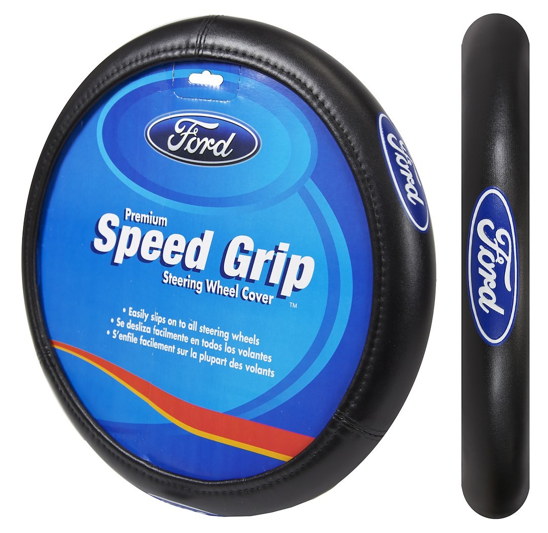 Plasticolor Steering Wheel Cover, Elite Series, For 14-1/2 to 15-1/2 Inch Wheels, Blue Ford Logo, Black, Rubber – 006725R01