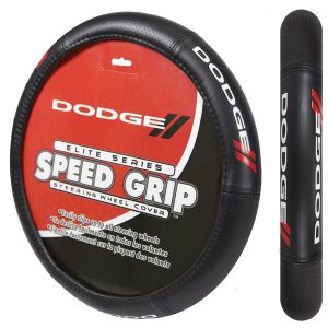 Plasticolor Steering Wheel Cover, Elite Series, For 14-1/2 to 15-1/2 Inch Wheels, Dodge Logo, Black/ Red, Rubber – 006726R01