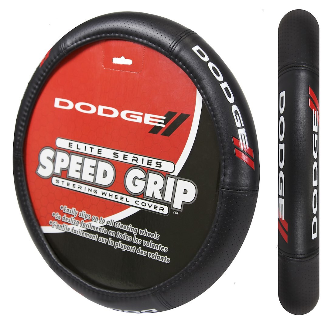 Plasticolor Steering Wheel Cover, Elite Series, For 14-1/2 to 15-1/2 Inch Wheels, Dodge Logo, Black/ Red, Rubber – 006726R01