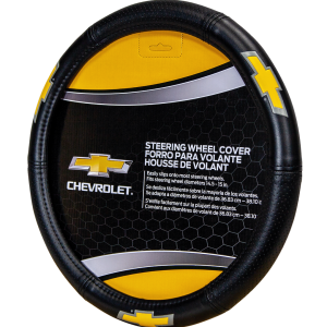 Plasticolor Steering Wheel Cover, Elite Series, For 14-1/2 to 15-1/2 Inch Wheels, Gold Chevy Bowtie Logo, Black, Rubber – 006727R03