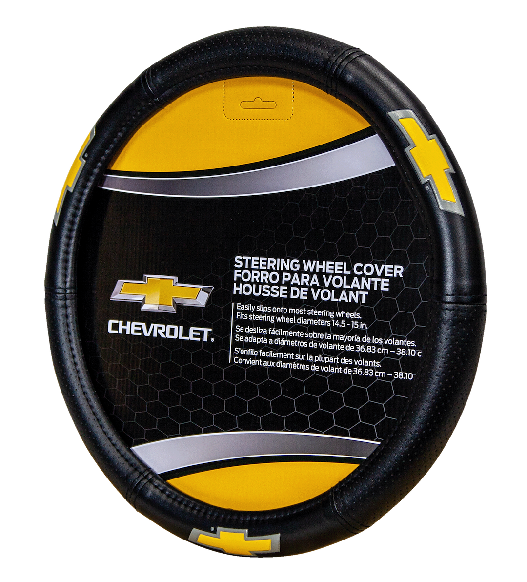 Plasticolor Steering Wheel Cover, Elite Series, For 14-1/2 to 15-1/2 Inch Wheels, Gold Chevy Bowtie Logo, Black, Rubber – 006727R03