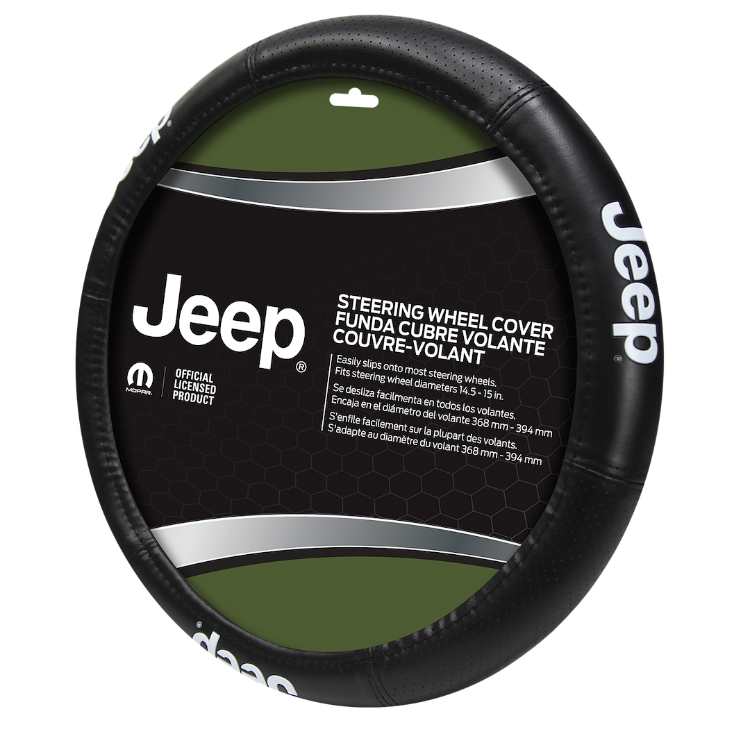 Plasticolor Steering Wheel Cover, Elite Series, For 14-1/2 to 15-1/2 Inch Wheels, Jeep Logo, Black, Rubber – 006729R01