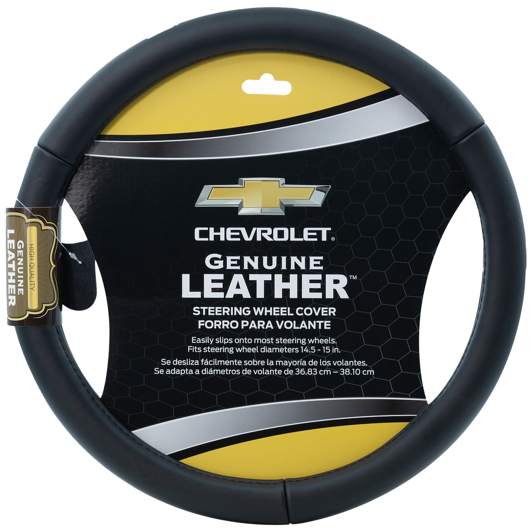 Plasticolor Steering Wheel Cover, For 14-1/2 to 15 Inch Wheels, Chevrolet Logo, Black, Leather – 006742R03