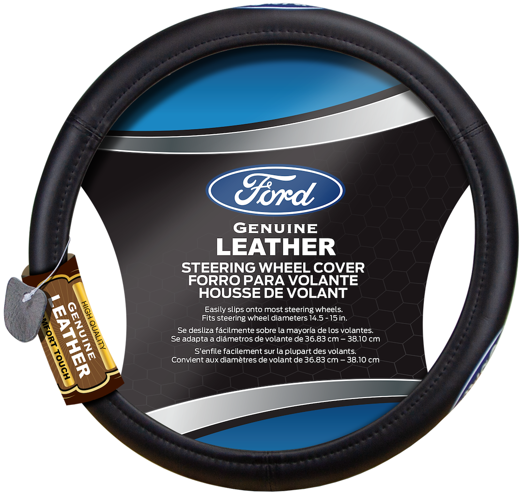 Plasticolor Steering Wheel Cover, For 14-1/2 to 15 Inch Wheels, Iconic Ford Oval Logo, Black, Leather – 006743R01