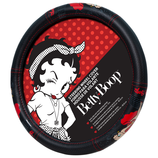 Plasticolor Steering Wheel Cover, For 14-1/2 to 15 Inch Wheels, Red Betty Boop Skyline, Black with Red Contrast Stitching, Single – 006783R01