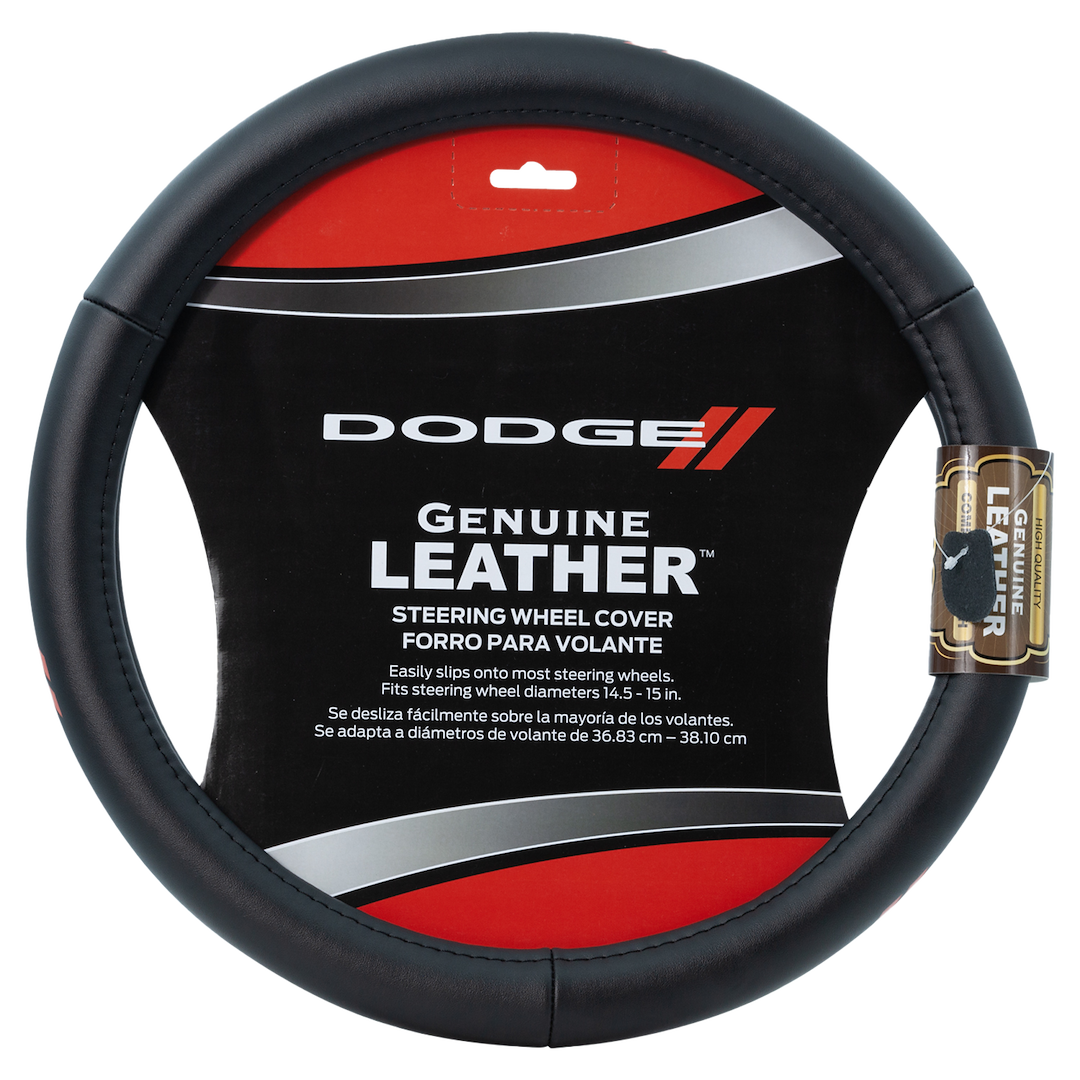 Plasticolor Steering Wheel Cover, For 14-1/2 to 15 Inch Wheels, Dodge Logo, Black, Leather – 006790R01