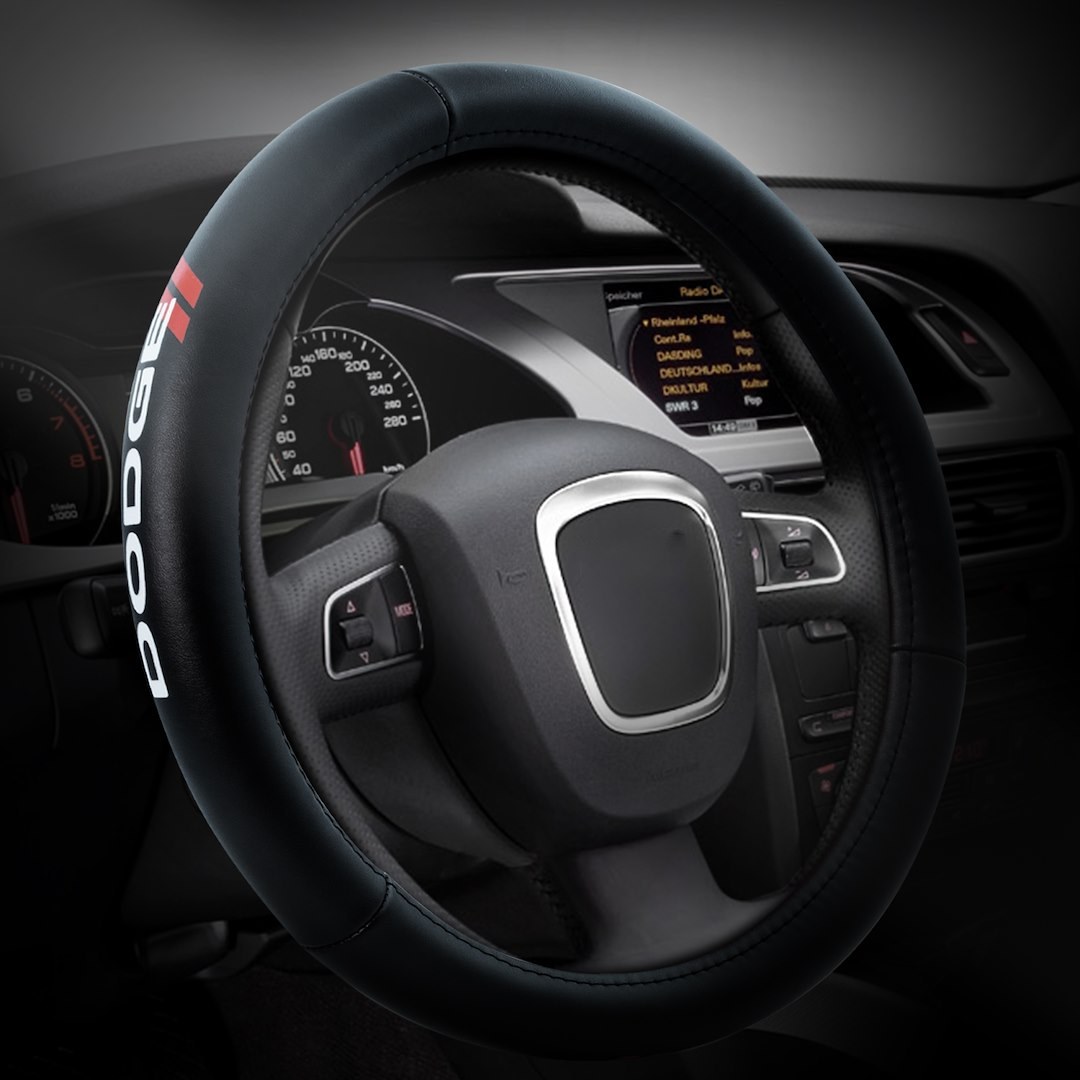 Plasticolor Steering Wheel Cover, For 14-1/2 to 15 Inch Wheels, Dodge Logo, Black, Leather – 006790R01