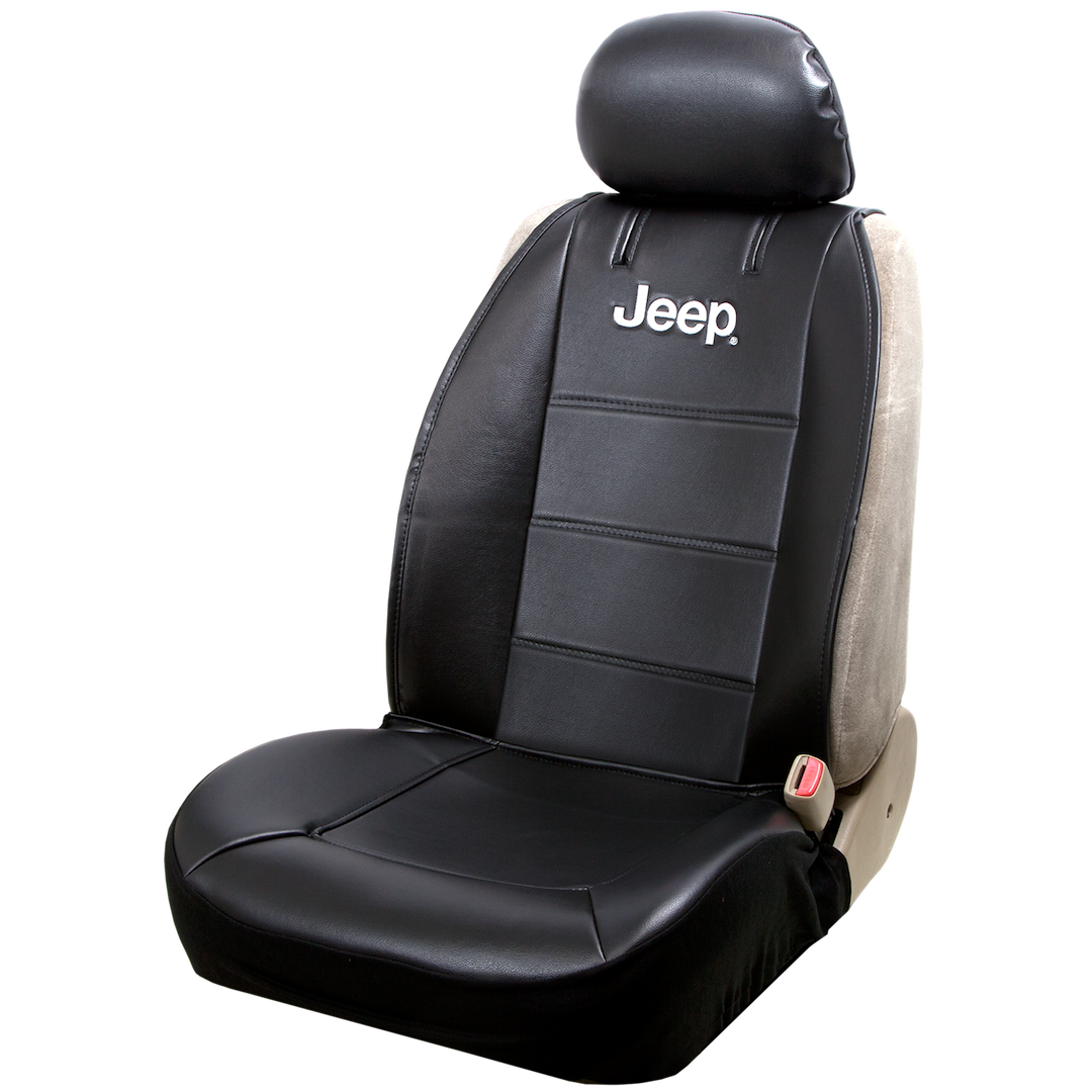 Plasticolor Seat Cover, Low Back/ Sideless, Jeep Logo, Fabric, Black/ White, Single, With Headrest Cover – 008581R01