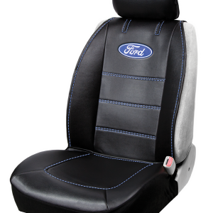Plasticolor Seat Cover, Deluxe, Low Back, Ford Logo, Leather, Black with Blue Contrast Stitching, Single – 008625R01