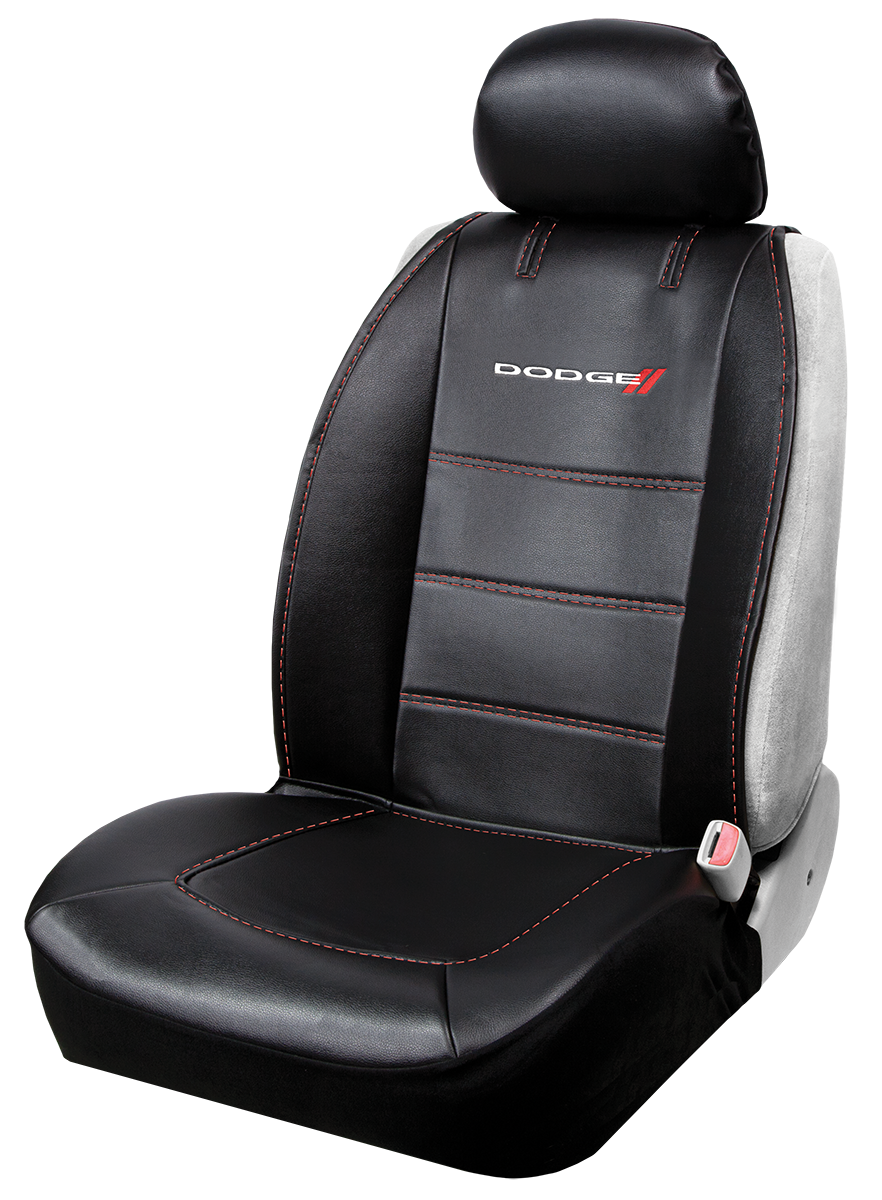 Plasticolor Seat Cover, Deluxe, Low Back, Dodge Logo, Leather, Black with Red Contrast Stitching, Single – 008627R01
