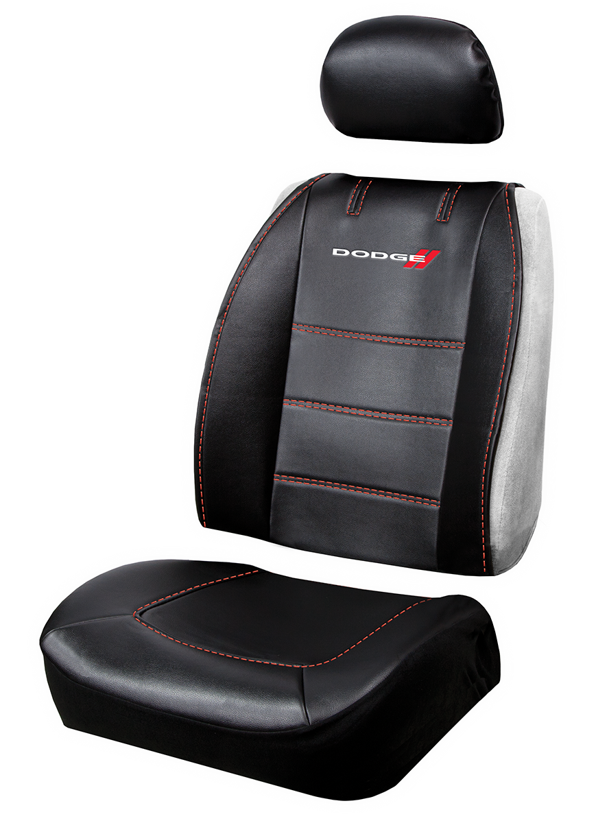 Plasticolor Seat Cover, Deluxe, Low Back, Dodge Logo, Leather, Black with Red Contrast Stitching, Single – 008627R01