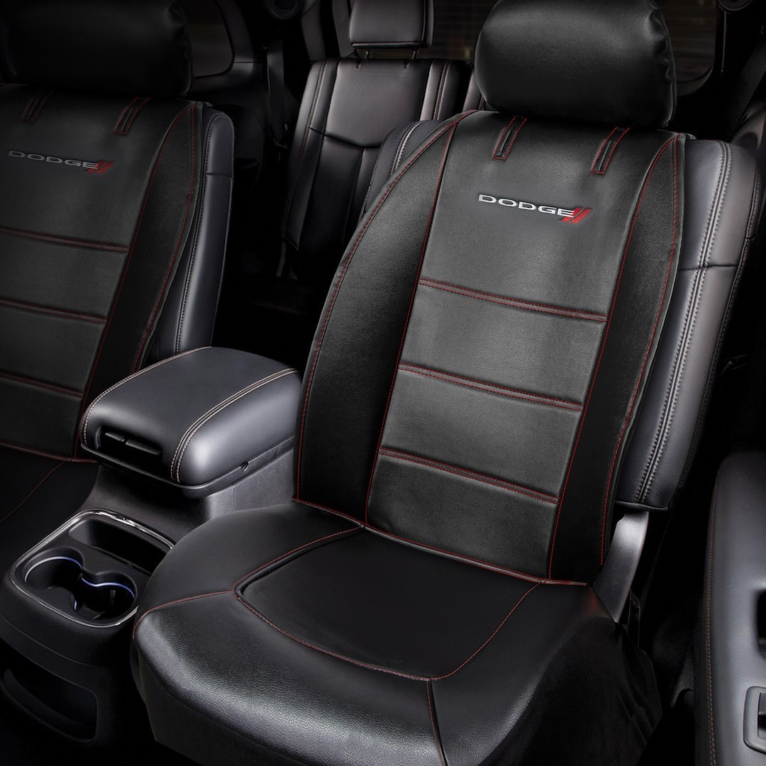 Plasticolor Seat Cover, Deluxe, Low Back, Dodge Logo, Leather, Black with Red Contrast Stitching, Single – 008627R01