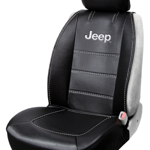 Plasticolor Seat Cover, Deluxe, Low Back, Jeep Logo, Leather, Black with White Contrast Stitching, Single – 008631R01