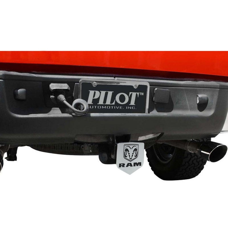 Pilot/Bully Trailer Hitch Cover, Licensed, Fits 1-1/4 and 2 Inch Receivers, Ram Logo, Chrome Plated/ Black, Die Cast Metal – CR-311