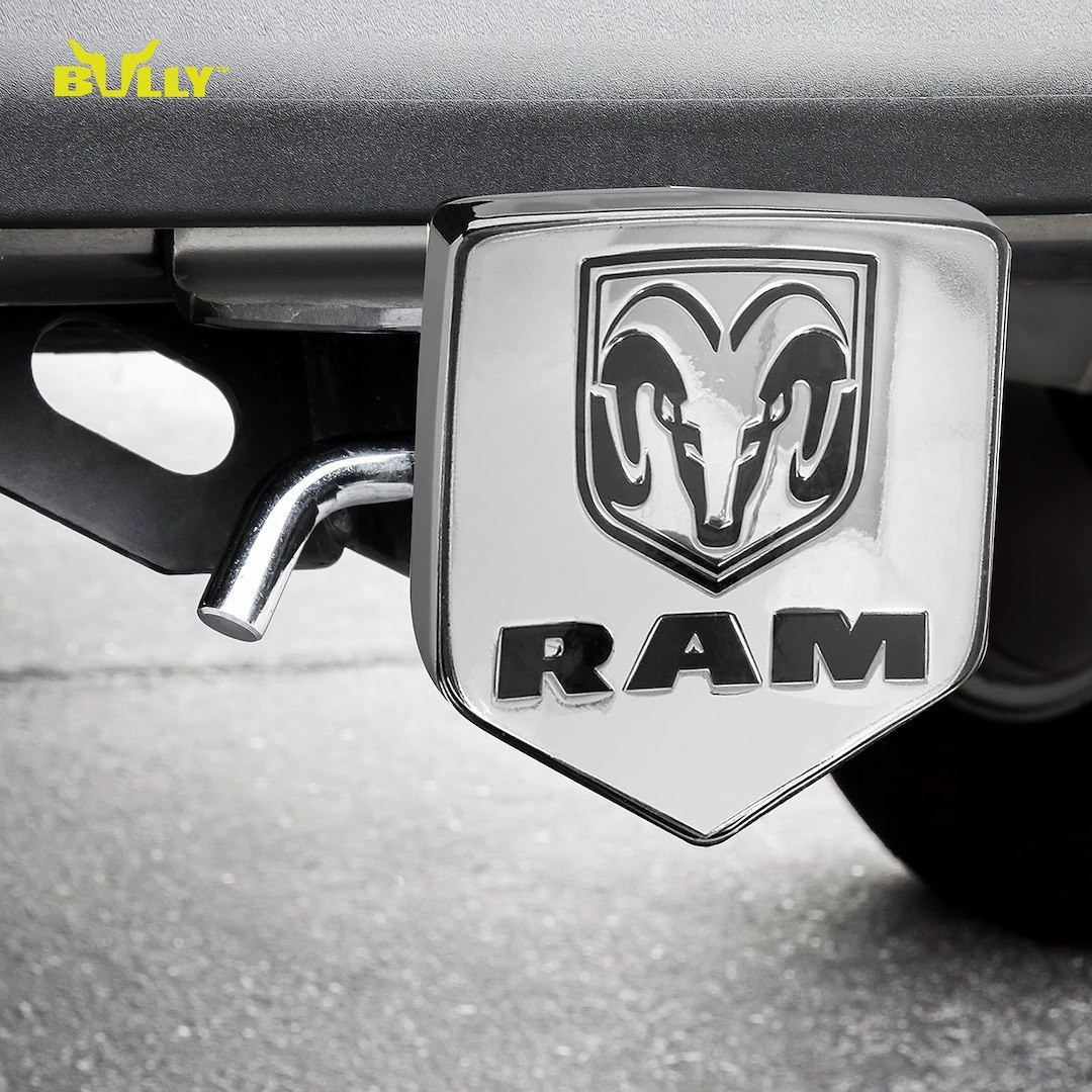 Pilot/Bully Trailer Hitch Cover, Licensed, Fits 1-1/4 and 2 Inch Receivers, Ram Logo, Chrome Plated/ Black, Die Cast Metal – CR-311