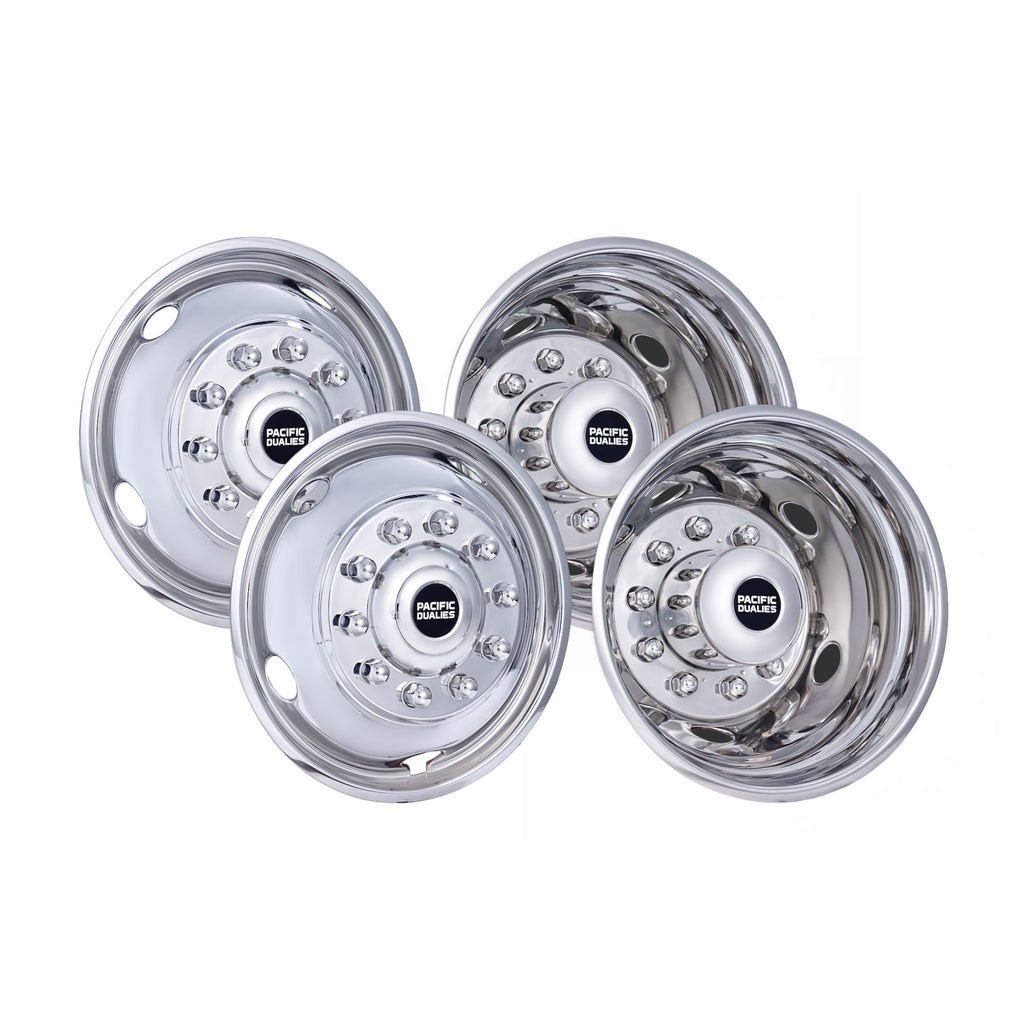 Pacific Dual Wheel Simulator, Fits 19-1/2 Inch – 10 Lug, 5 Vent Holes Wheel, Polished, Stainless Steel, Set of 4, Automatic Locking Hub – 44-1950
