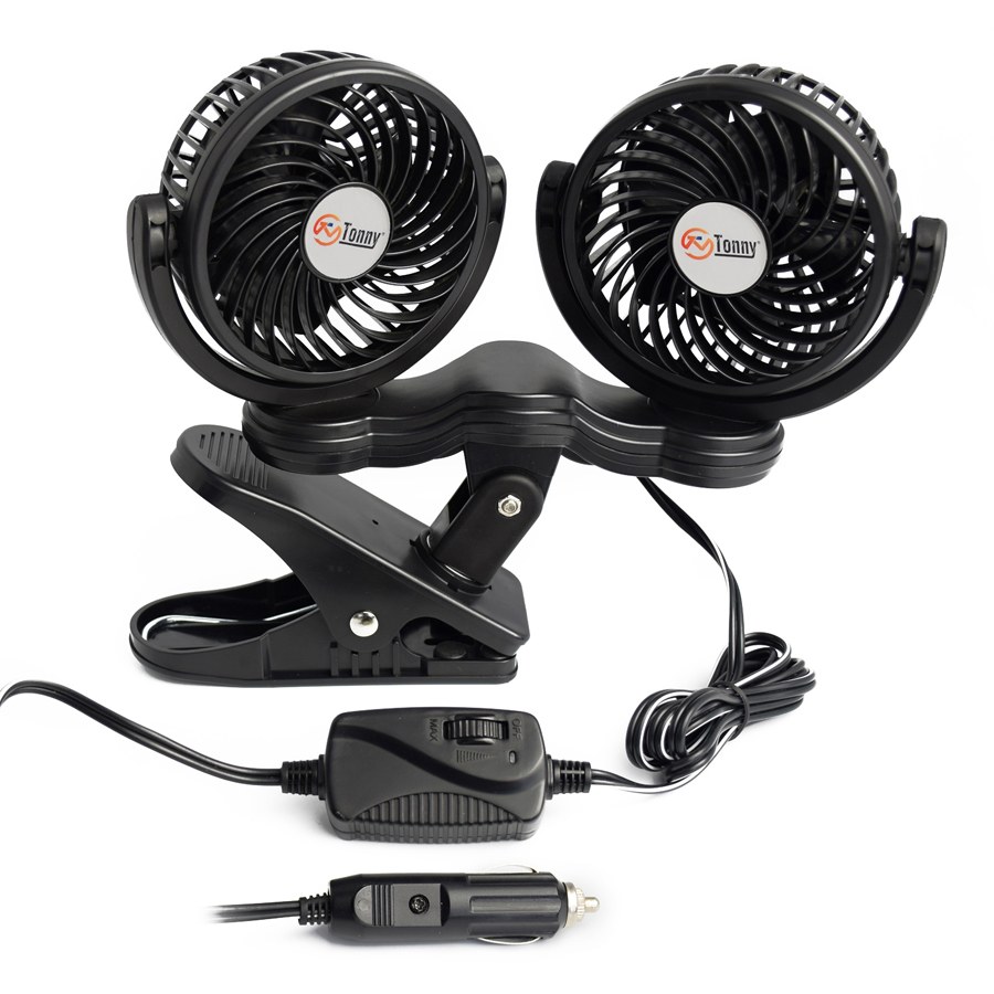 Prime Prodct Fan, Wall Mount/ Round, Dual Head, 12 Volt, Black, 6 Inch Diameter Blade, Variable Speed Switch, Spring Loaded Clamp – 06-0507