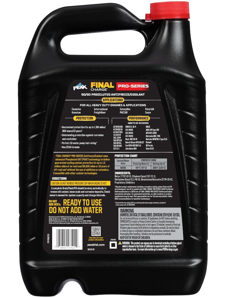 Peak/Herclnr Engine Coolant, Final Charge Pro Series ™, 50/50 Pre-Diluted, 10 Year Service Life, 1 Gallon Jug, Single – FPRB53