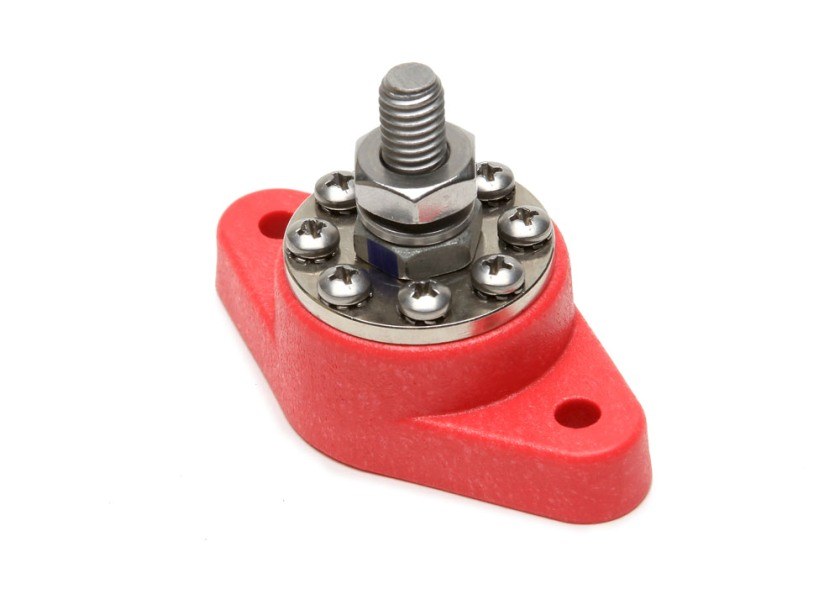 Painless Wrg Wire Terminal Block, 8 Pole with One Main 3/8 Inch Stud for Power/ Ground Directly to Block, Screw Termination, Red – 80114