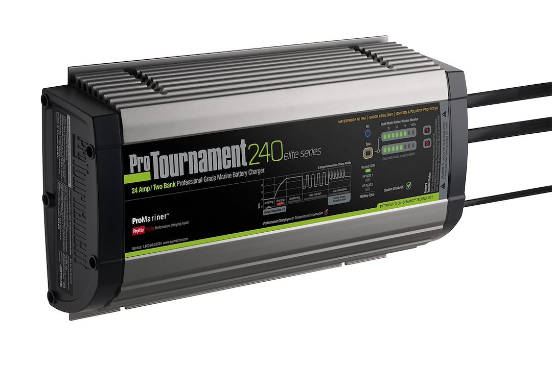 Pro Mariner Battery Charger, Protournament Elite 240 Dual, For 12 Volt Batteries, 2 Bank Charger, 120 Volt Power Supply – 52024