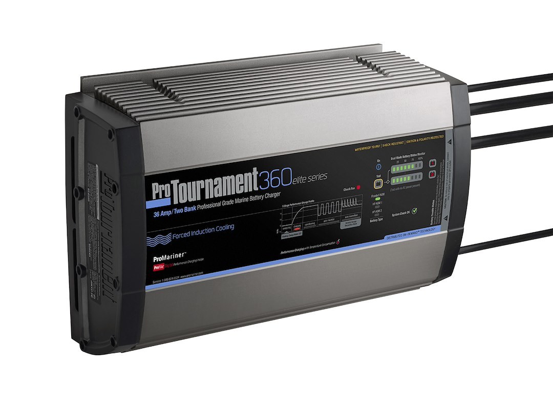 Pro Mariner Battery Charger, Protournament Elite 360 Dual, For 12 Volt Batteries, 2 Bank Charger, 120 Volt Power Supply – 52032