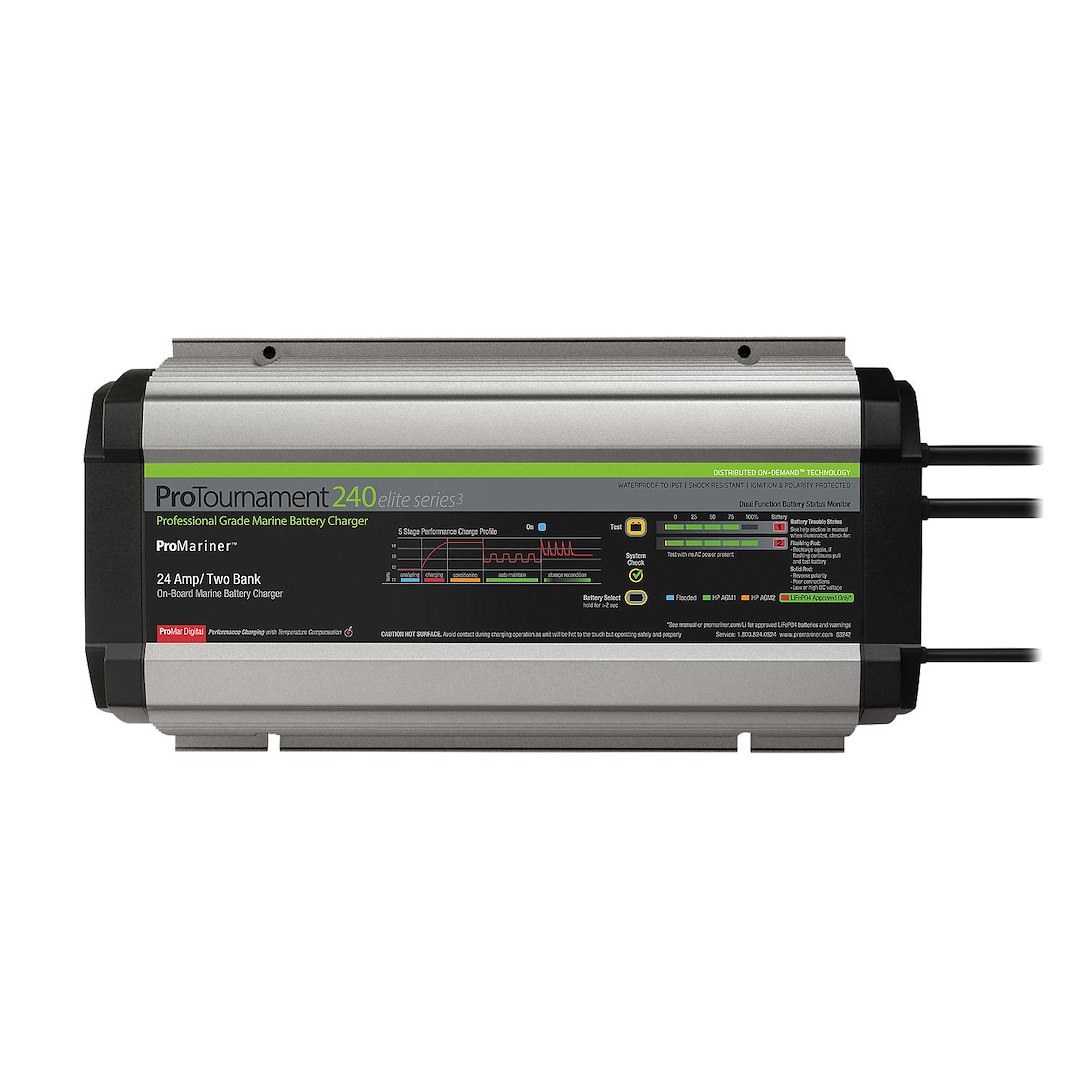 Pro Mariner Battery Charger, Protournament Elite 240 Dual, For 12 Volt Batteries, 2 Bank Charger, 120 Volt Power Supply – 53242