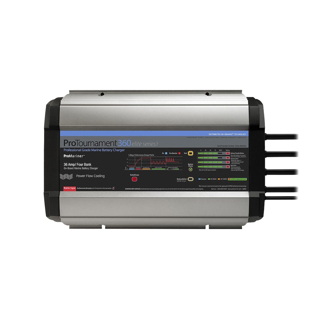 Pro Mariner Battery Charger, Protournament Elite 360 Quad, For 12 Volt Batteries, 4 Bank Charger, 120 Volt Power Supply – 53364