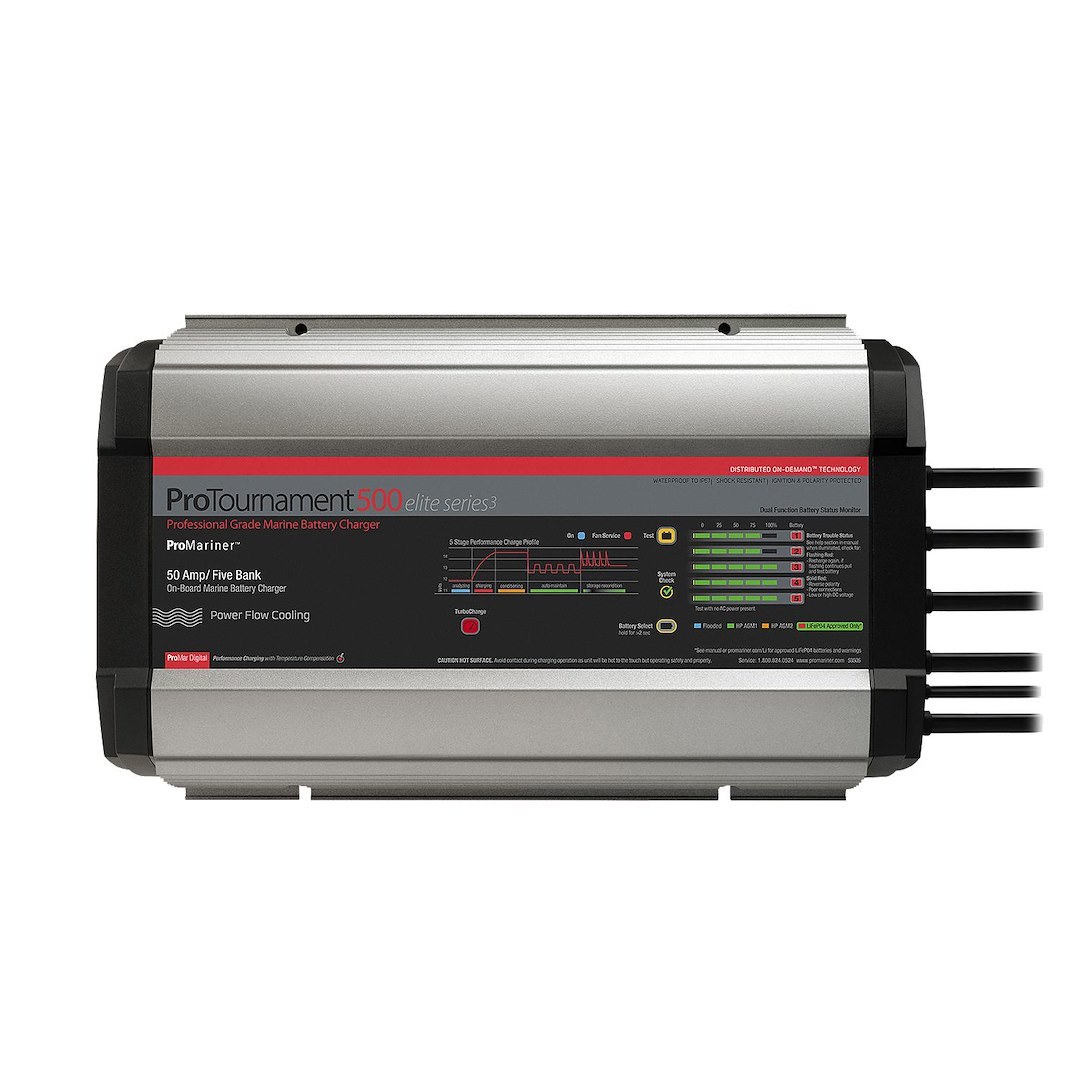 Pro Mariner Battery Charger, Protournament Elite 500, For 12 Volt Batteries, 5 Bank Charger, 120 Volt Power Supply, 5 Step Fully Automatic – 53505
