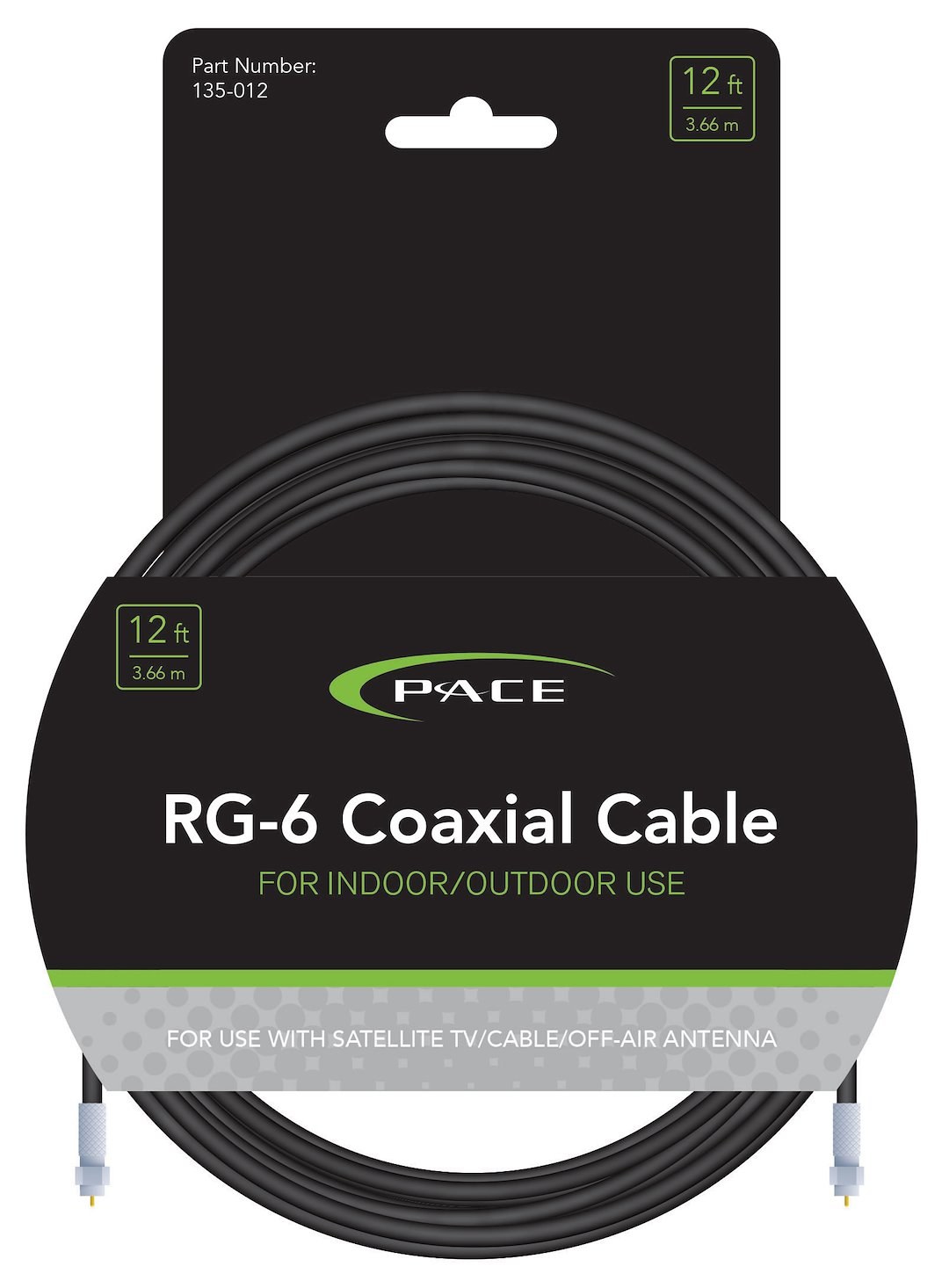 Pace Int’l Coaxial Cable, RG-6, Supports Electronic Devices with 4K 2160 Pixel/ 3D and 1080/720 Pixel TV Resolutions, 12 Foot Length, Black – 135-012