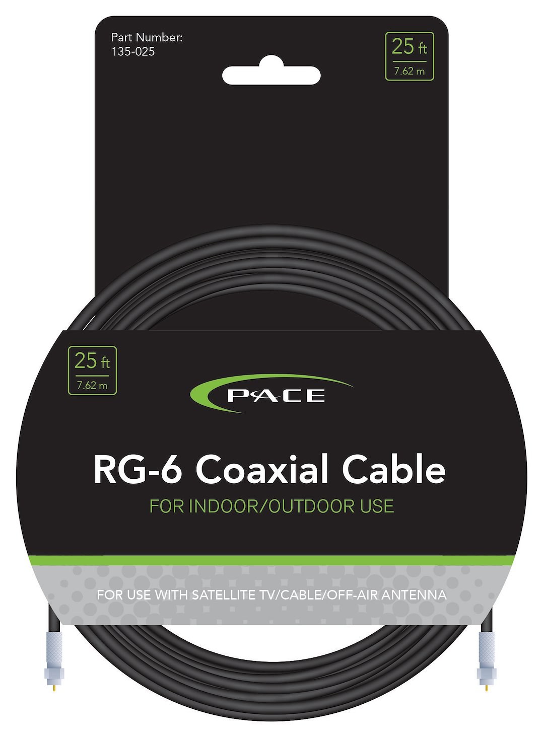 Pace Int’l Coaxial Cable, RG-6, Supports Electronic Devices with 4K 2160 Pixel/ 3D and 1080/720 Pixel TV Resolutions, 25 Foot Length, Black – 135-025