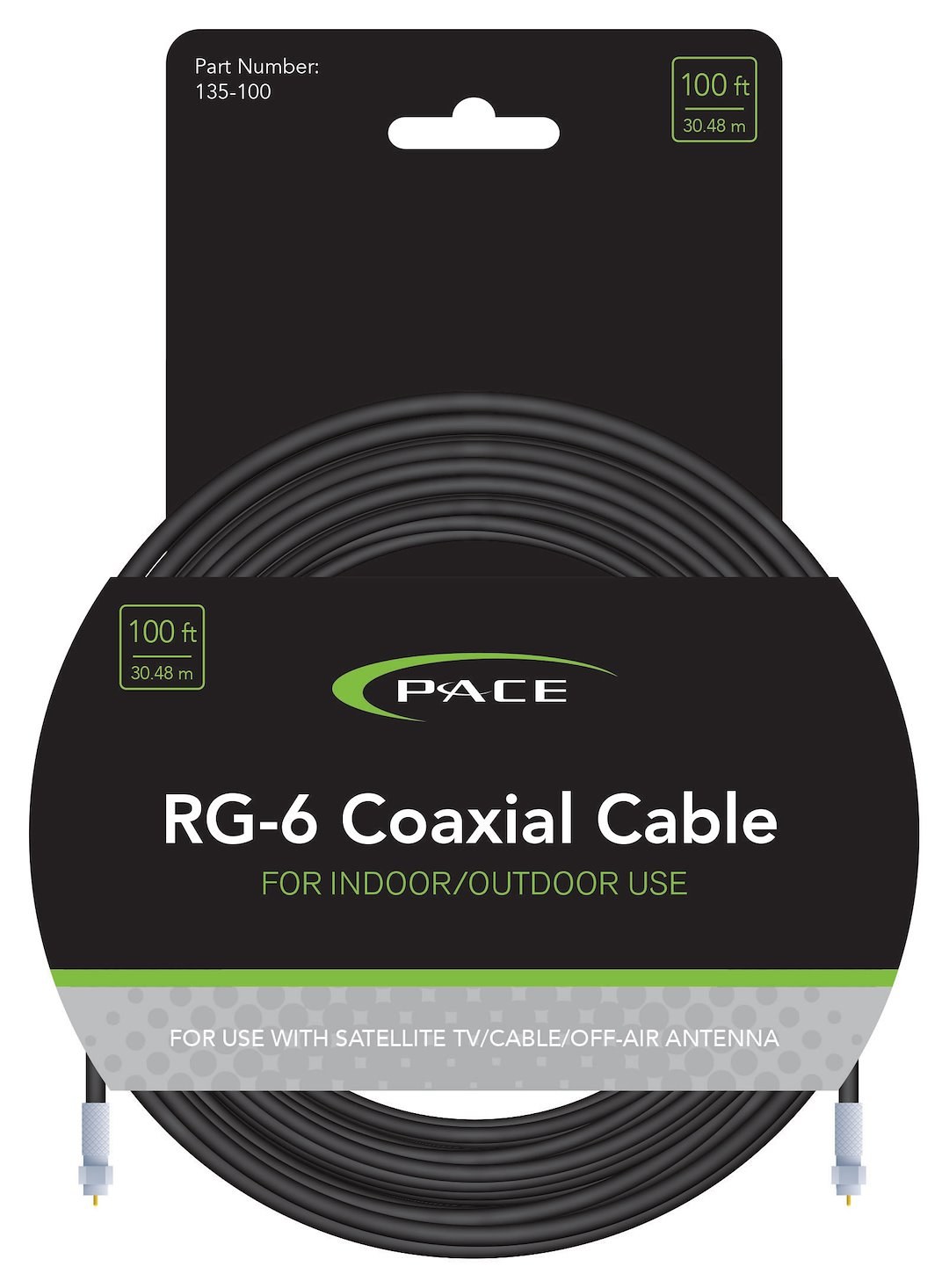Pace Int’l Coaxial Cable, RG-6, Supports Electronic Devices with 4K 2160 Pixel/ 3D and 1080/720 Pixel TV Resolutions, 100 Foot Length, Black – 135-100