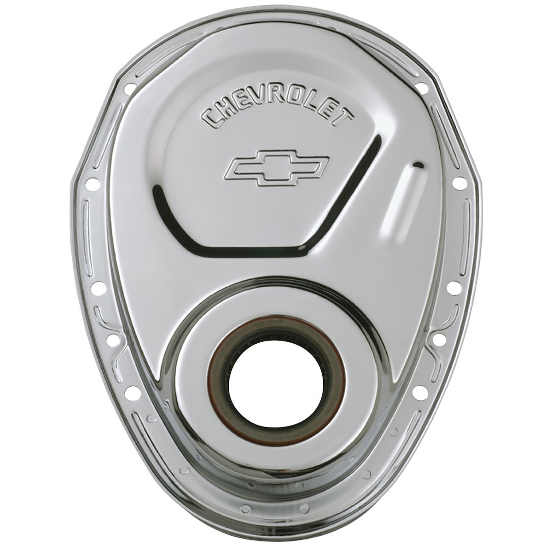 Proform Timing Cover, 1 Piece Cover, Chrome, Steel, With Oil Seal, With Chevrolet Logo and Emblem – 141-215