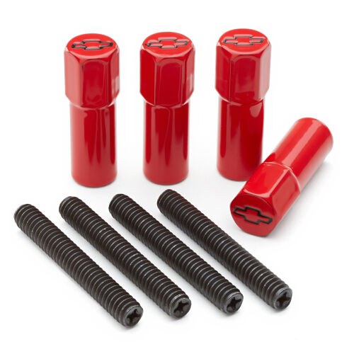 Proform Valve Cover Nut, 1/4 Inch – 20 Thread, Hex Head with Bowtie Emblem, Red, Steel, Set of 4 – 141-602