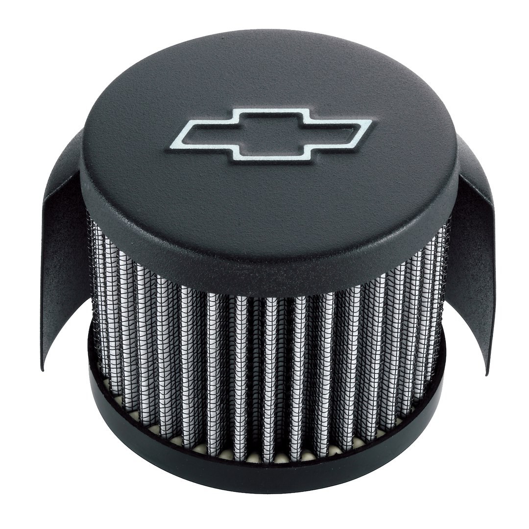 Proform Crankcase Breather Cap, Crankcase Breather Filter, Round, 3 Inch Diameter, Push IN Style, Black Crinkle, With Chevy Bowtie Emblem – 141-613