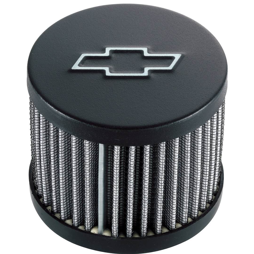 Proform Crankcase Breather Cap, Crankcase Breather Filter, Round, 3 Inch Diameter, Push IN Style, Black Crinkle, With Chevy Bowtie Emblem – 141-614